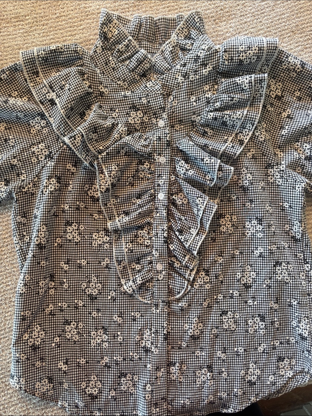 The Shirt by Rochelle Behrens Black and White Gingham Floral Ruffle Blouse Sz L